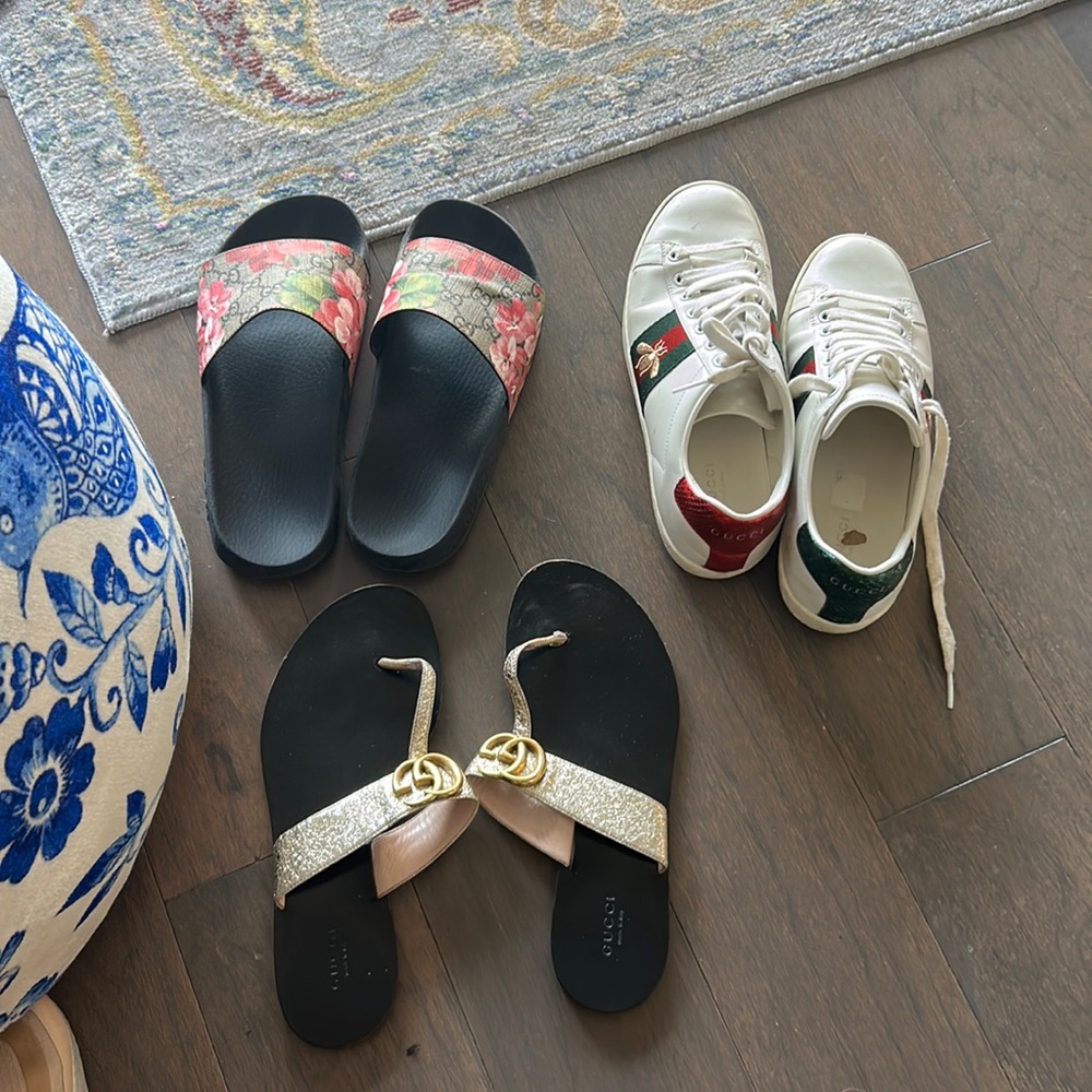 Lot of Gucci shoes. Sneakers, slides, sandal.